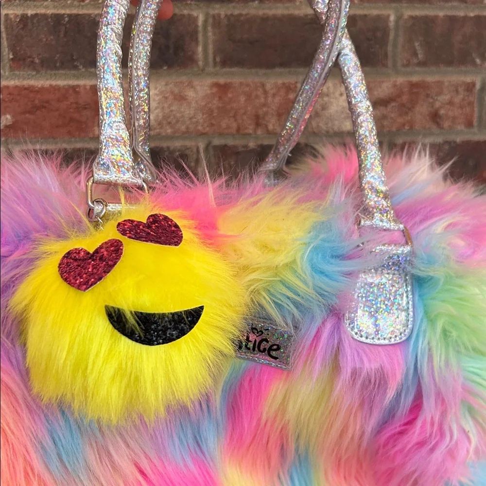 Justice Girls Emoji Fuzzy Rainbow Rolling Carry On Luggage bag light up wheels
